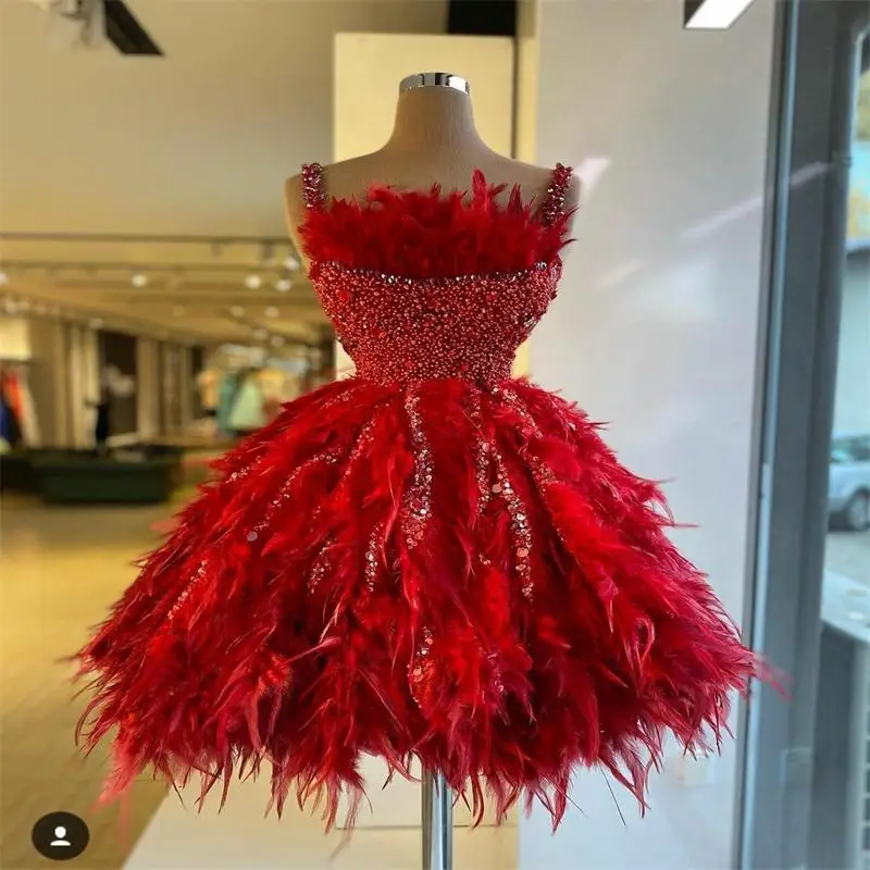 

Red Major Beading Pearls Mini Prom Dress Major Feathers Cocktail Party Dress A Line ÙØ³Ø§ØªÙŠÙ† Ø§Ù„Ø³Ù‡Ø±Ø© Ruffles Short Evening Gowns